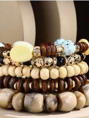 Stackable Neutral & Turquoise Beaded Stretch Bracelet Set